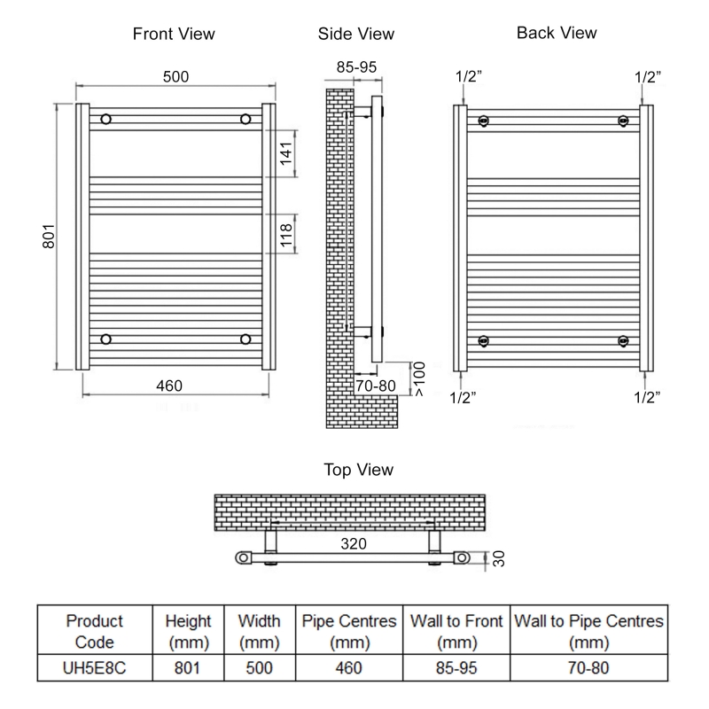 Ultraheat Eco-Rail Straight Heated Towel Rail 801mm H x 500mm W - Chrome
