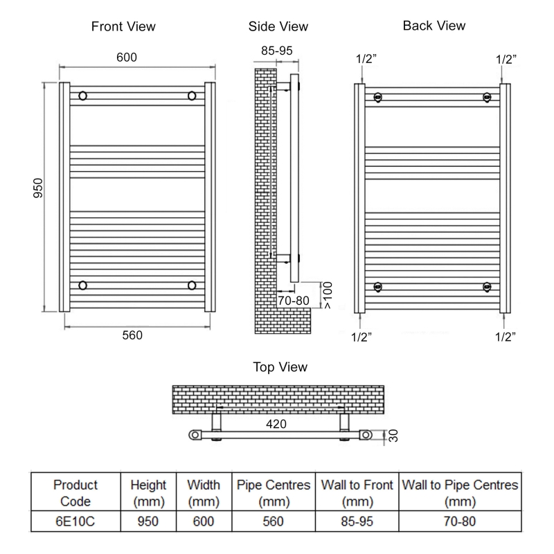 Ultraheat Eco-Rail Straight Heated Towel Rail 950mm H x 600mm W - Chrome  | Dimension Image