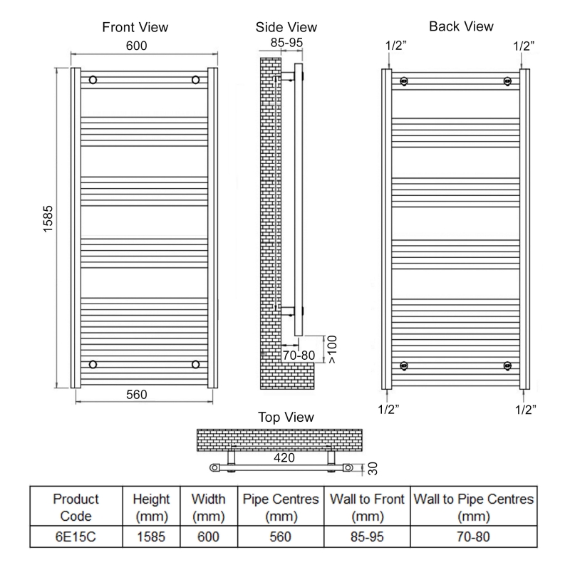 Ultraheat Eco-Rail Straight Heated Towel Rail 1585mm H x 600mm W - Chrome