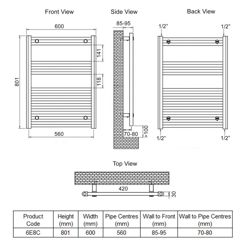 Ultraheat Eco-Rail Straight Heated Towel Rail 801mm H x 600mm W - Chrome