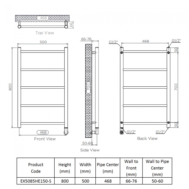 Ultraheat Econox Electric Towel Rail 800mm H x 500mm W - Brushed Matt  | Dimension Image