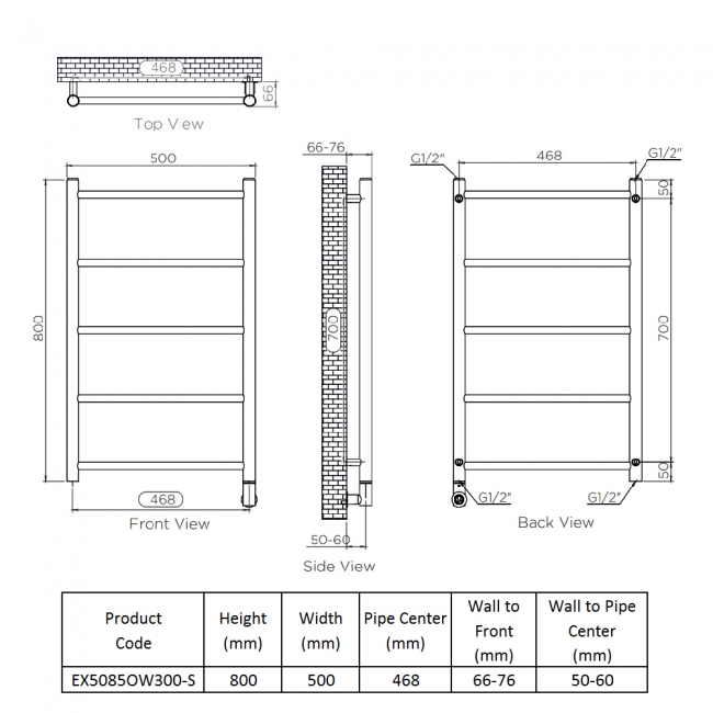 Ultraheat Econox Thermostatic Electric Towel Rail 800mm H x 500mm W - Brushed Matt  | Dimension Image