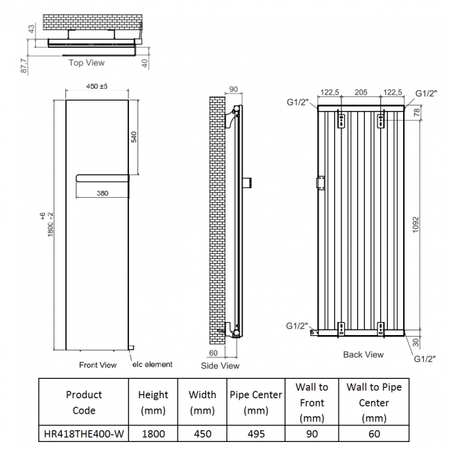 Ultraheat Heran Electric Towel Rail 1800mm H x 450mm W - White  | Dimension Image