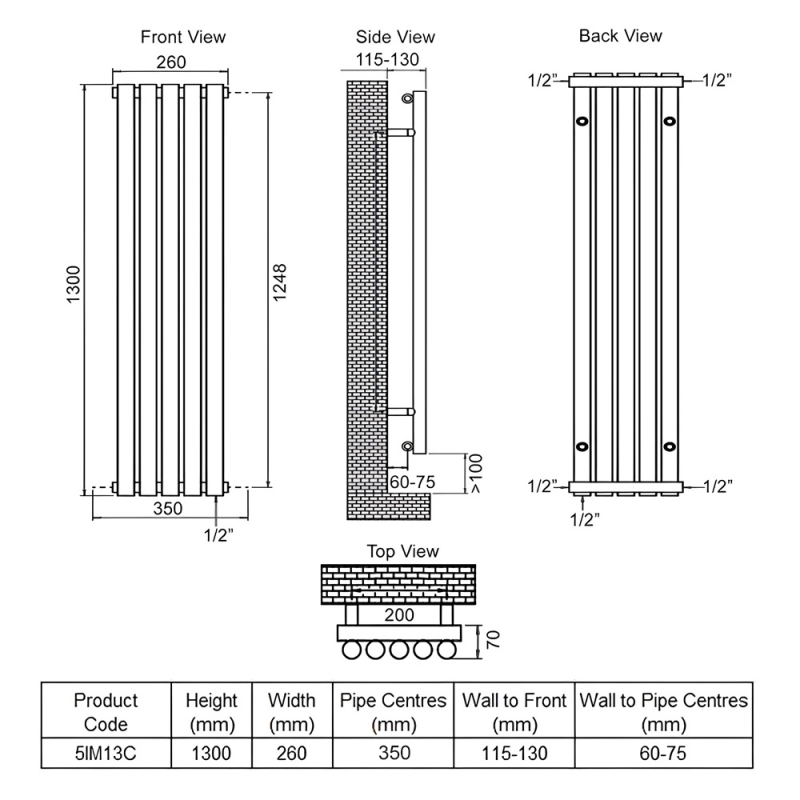 Ultraheat Imperium Single Designer Vertical Radiator 1300mm H x 260mm W - Chrome  | Dimension Image