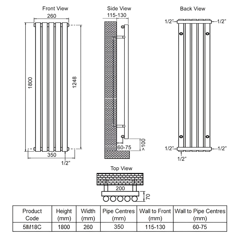 Ultraheat Imperium Single Designer Vertical Radiator 1800mm H x 260mm W - Chrome