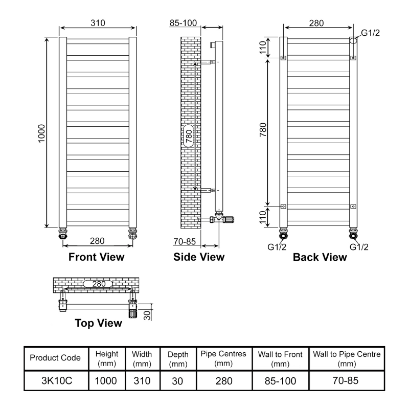 Ultraheat Karnak Straight Heated Towel Rail 1000mm H x 310mm W - Chrome