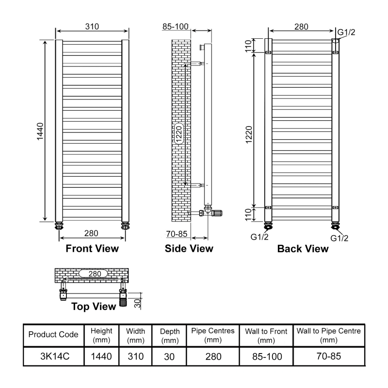 Ultraheat Karnak Straight Heated Towel Rail 1440mm H x 310mm W - Chrome
