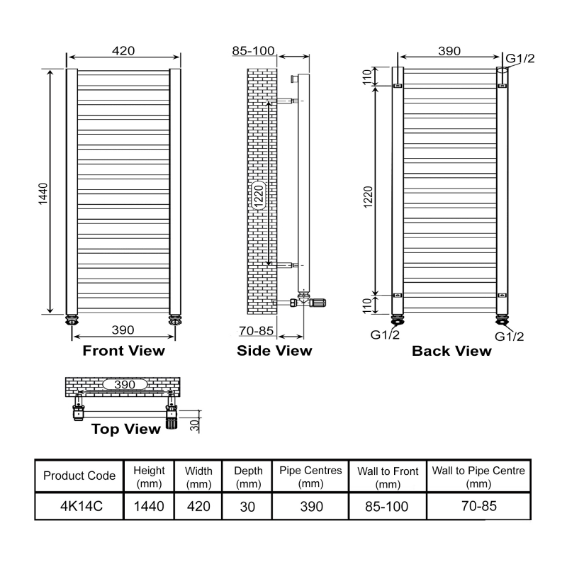 Ultraheat Karnak Straight Heated Towel Rail 1440mm H x 420mm W - Chrome
