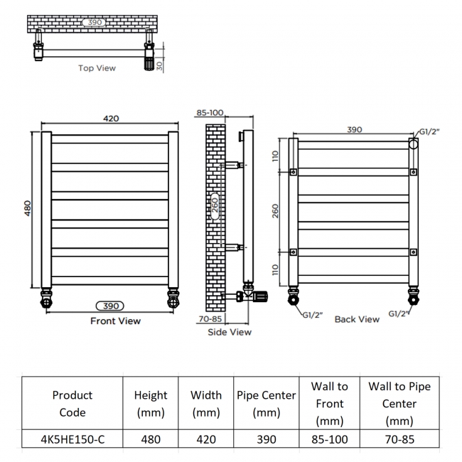 Ultraheat Karnak Electric Towel Rail 480mm H x 420mm W - Chrome  | Dimension Image