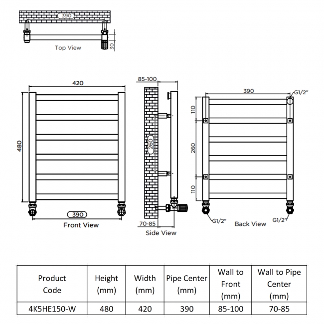 Ultraheat Karnak Electric Towel Rail 480mm H x 420mm W - White  | Dimension Image