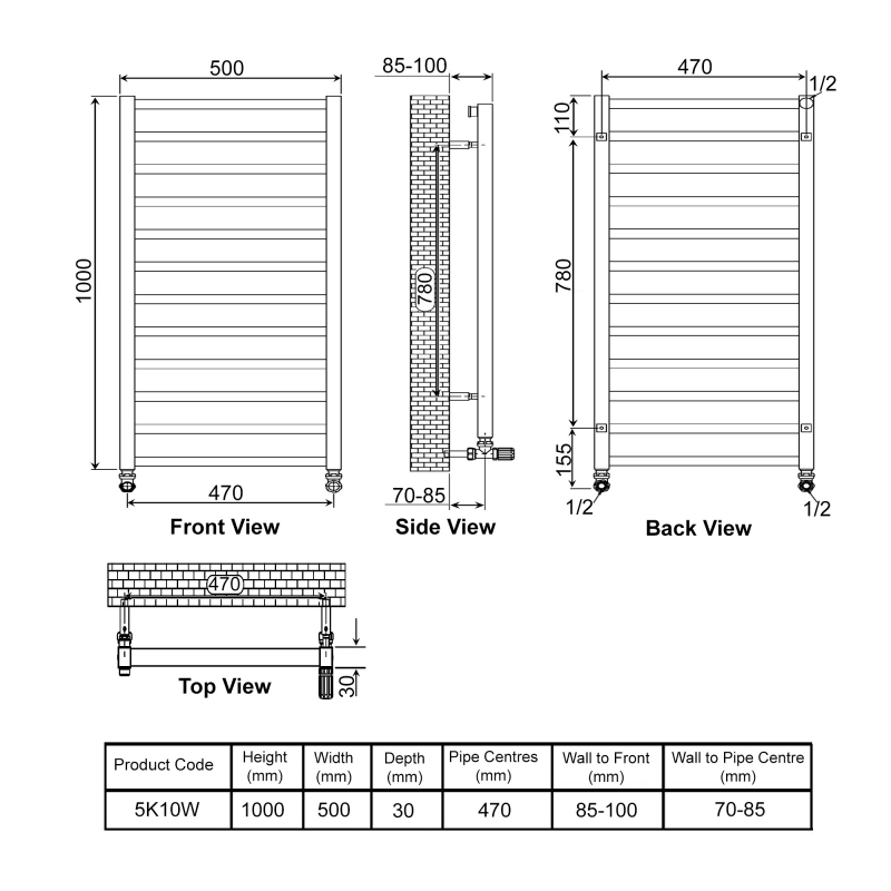 Ultraheat Karnak Straight Heated Towel Rail 1000mm H x 500mm W - White