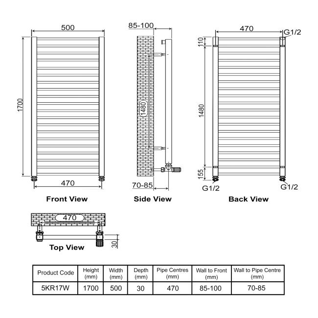 Ultraheat Karnak Straight Heated Towel Rail 1700mm H x 500mm W - White  | Dimension Image