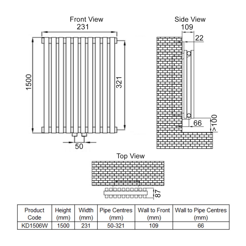 Ultraheat Klon Double Designer Vertical Radiator 1500mm H x 231mm W White