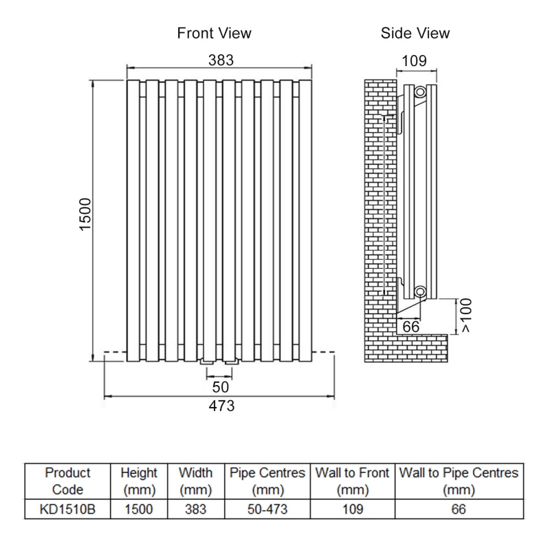 Ultraheat Klon Double Designer Vertical Radiator 1500mm H x 383mm W - Black