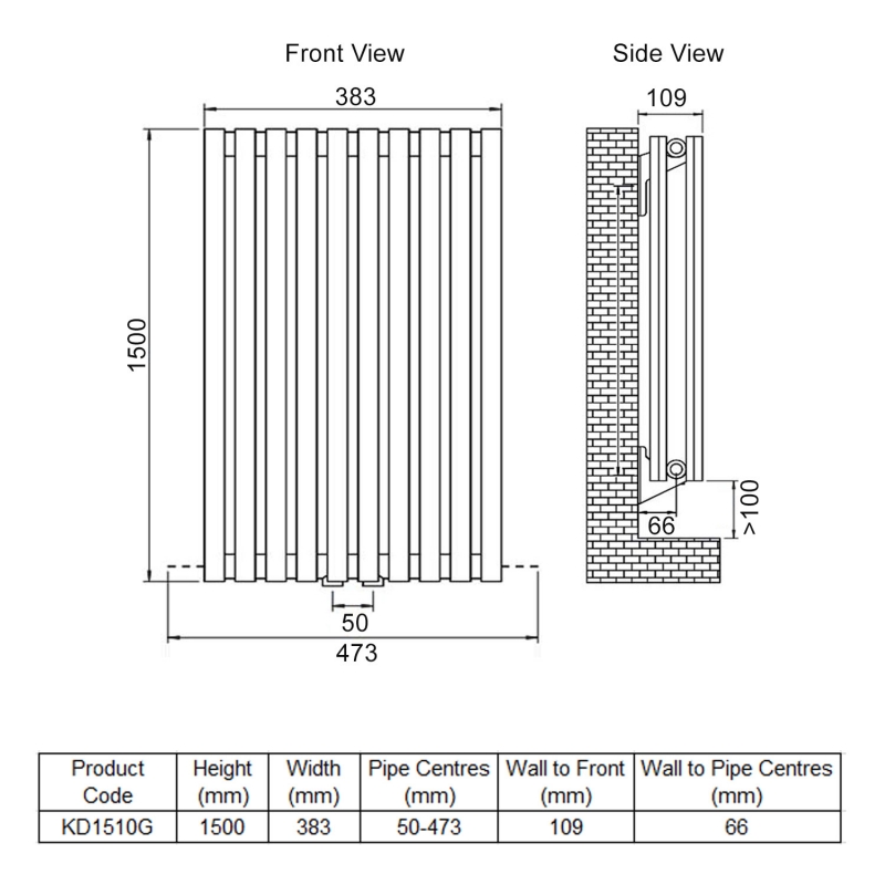 Ultraheat Klon Double Designer Vertical Radiator 1500mm H x 383mm W - Charcoal Grey  | Dimension Image