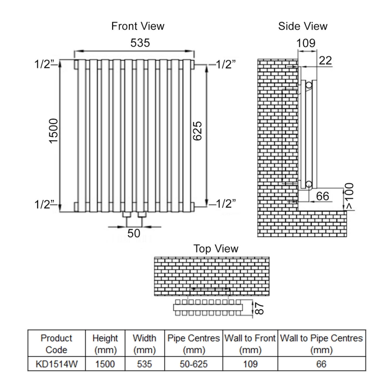 Ultraheat Klon Double Designer Vertical Radiator 1500mm H x 535mm W White