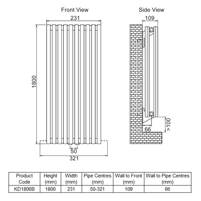 Ultraheat Klon Double Designer Vertical Radiator 1800mm H x 231mm W - Black