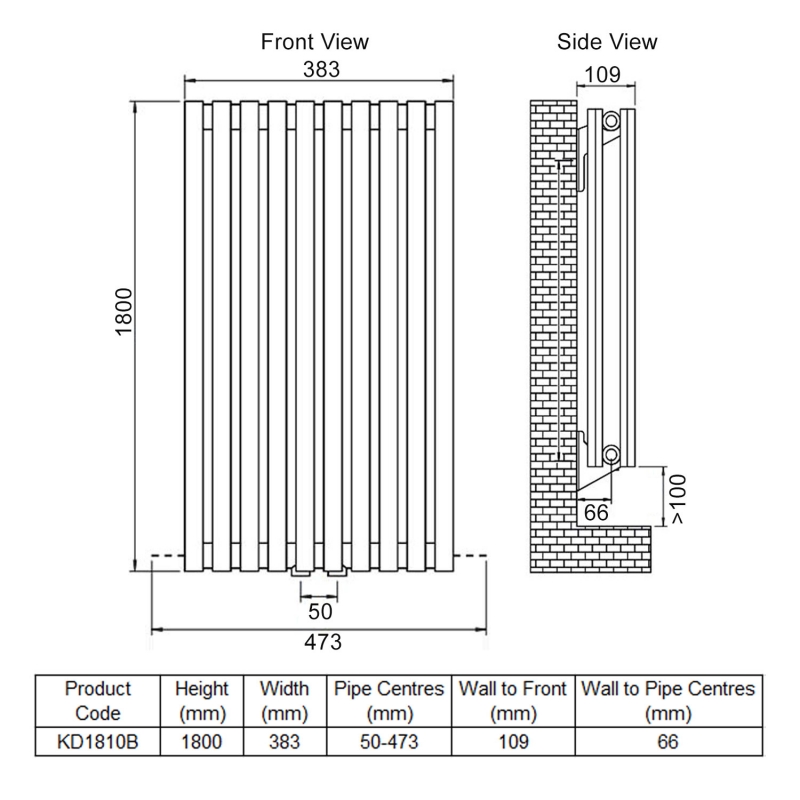 Ultraheat Klon Double Designer Vertical Radiator 1800mm H x 383mm W - Black