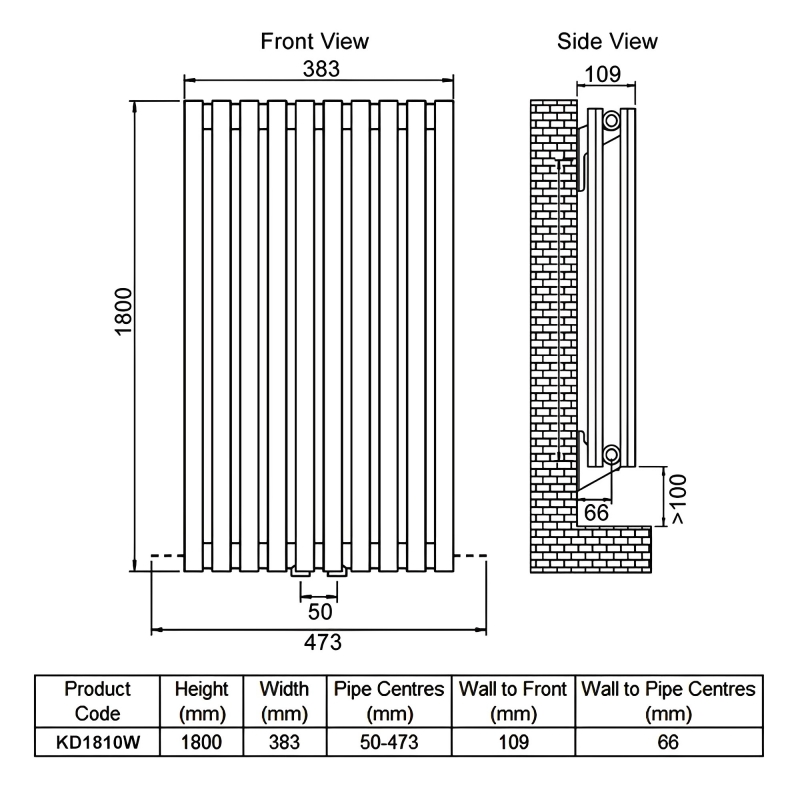 Ultraheat Klon Double Designer Vertical Radiator 1800mm H x 383mm W White