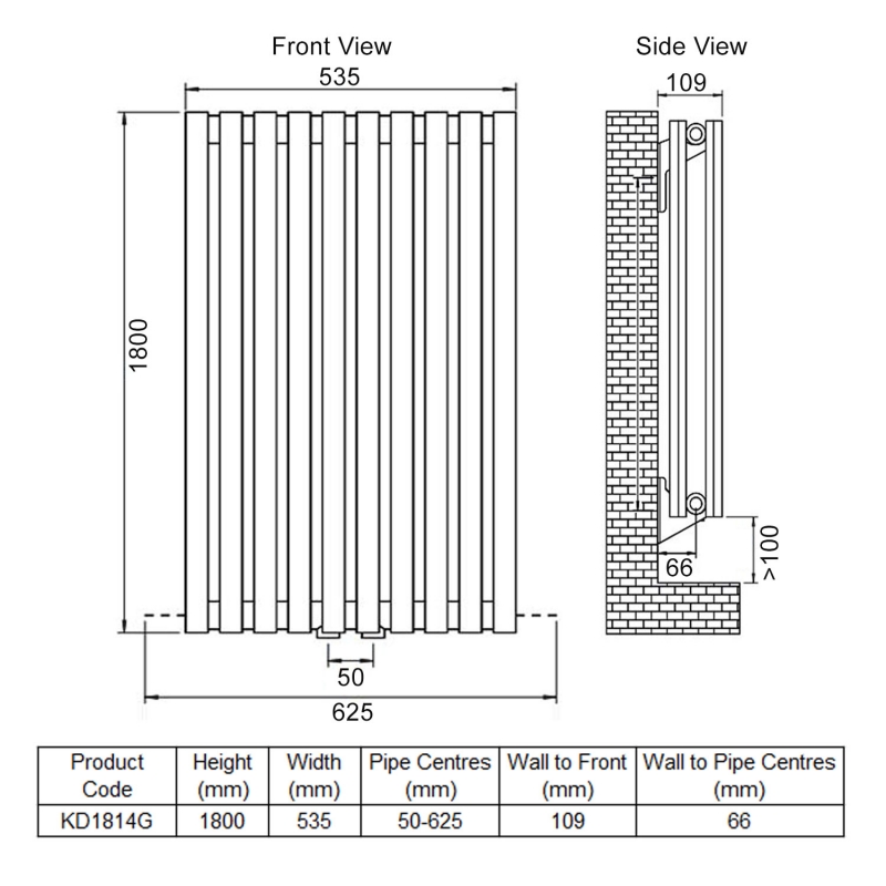 Ultraheat Klon Double Designer Vertical Radiator 1800mm H x 535mm W - Charcoal Grey