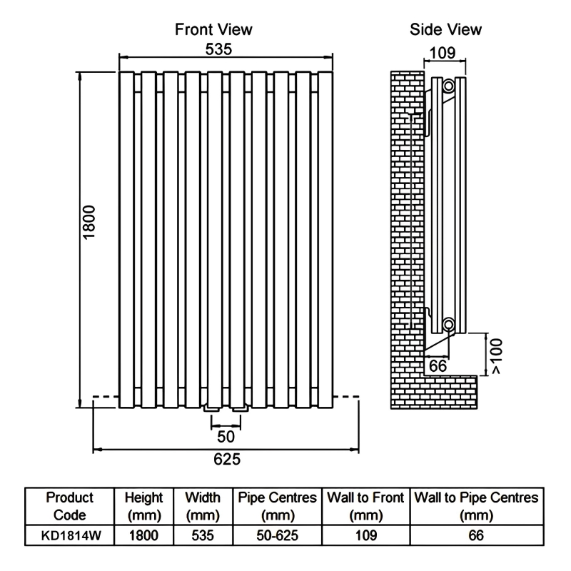 Ultraheat Klon Double Designer Vertical Radiator 1800mm H x 535mm W White