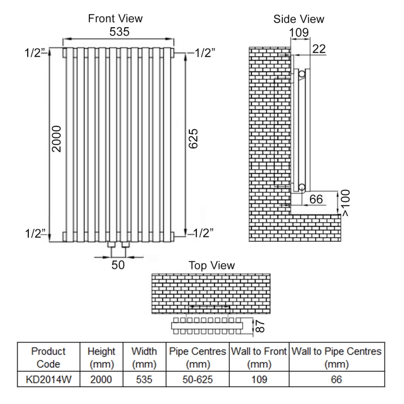 Ultraheat Klon Double Designer Vertical Radiator 2000mm H x 535mm W White