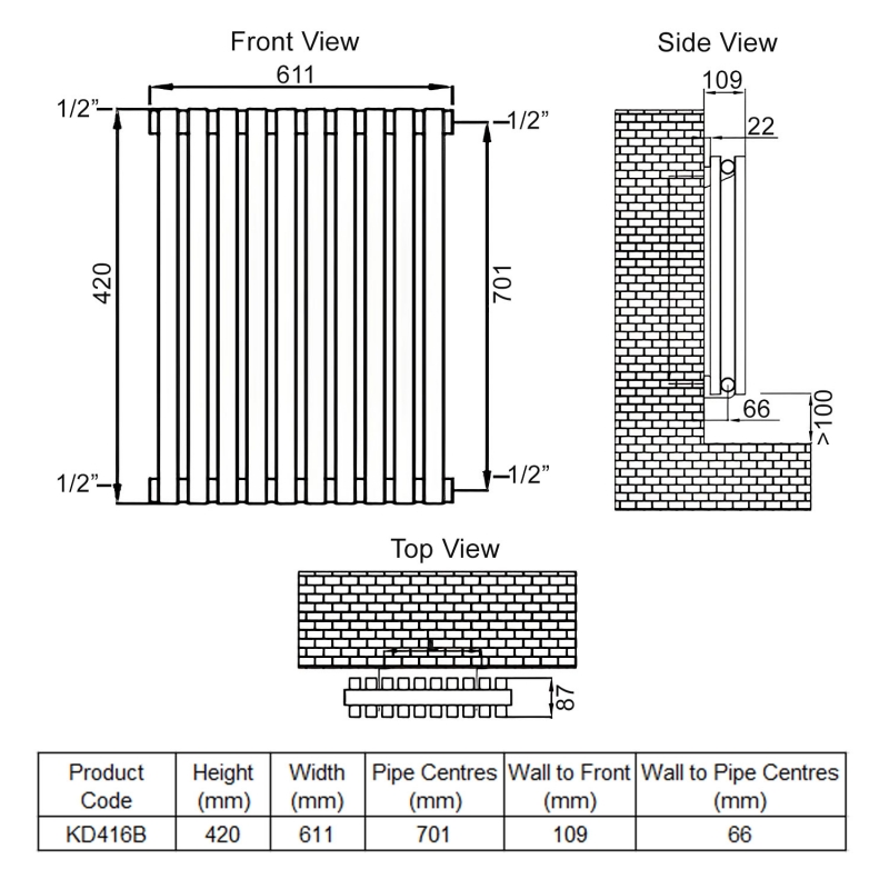 Ultraheat Klon Double Designer Horizontal Radiator 420mm H x 611mm W Black