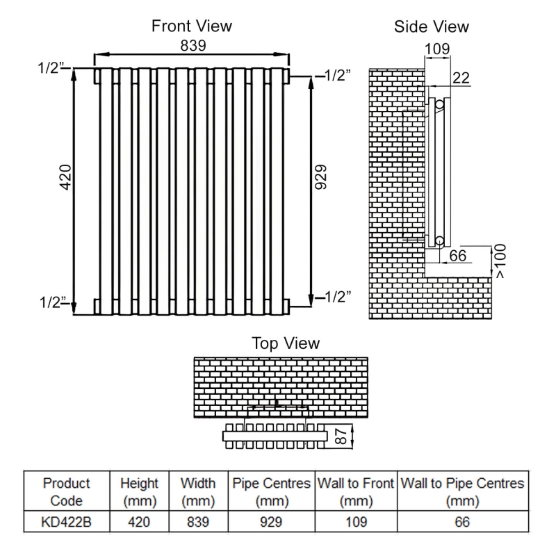 Ultraheat Klon Double Designer Horizontal Radiator 420mm H x 839mm W Black