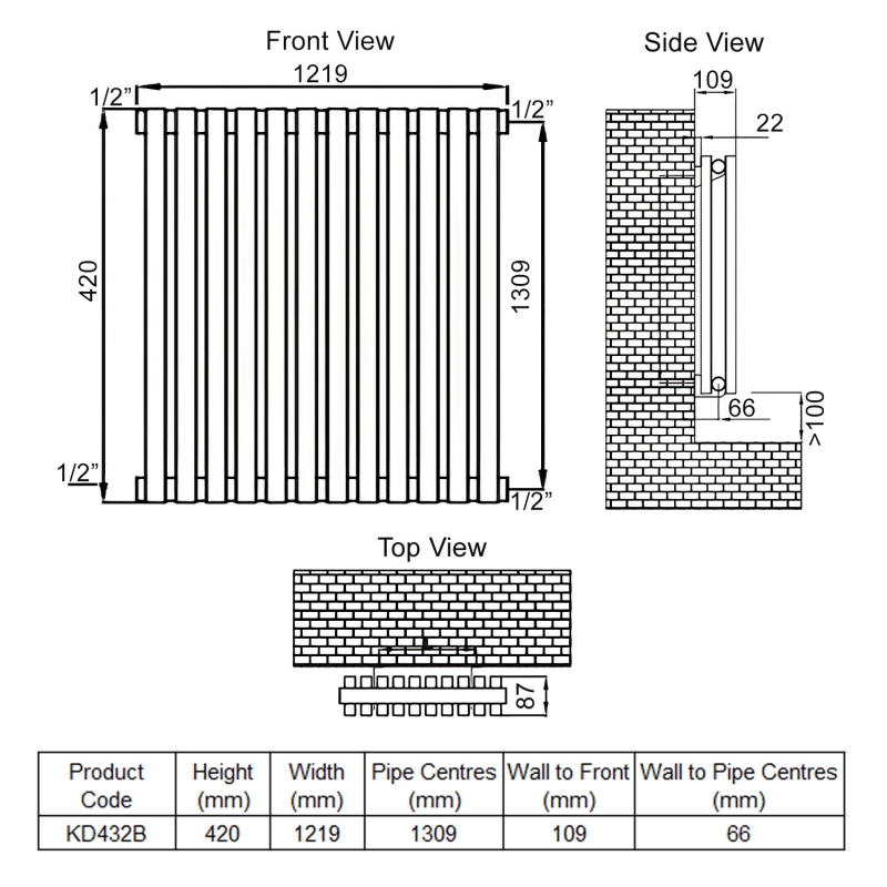 Ultraheat Klon Double Designer Horizontal Radiator 420mm H x 1219mm W Black  | Dimension Image