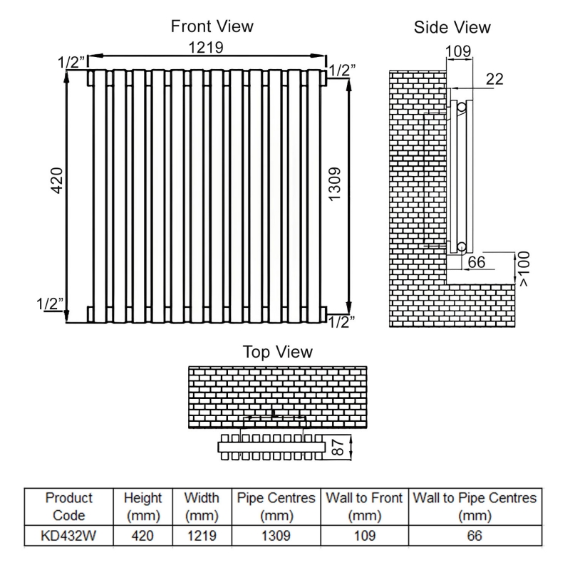 Ultraheat Klon Double Designer Horizontal Radiator 420mm H x 1219mm W White