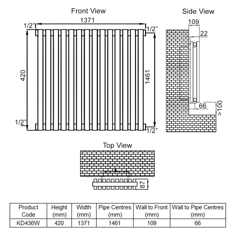 Ultraheat Klon Double Designer Horizontal Radiator 420mm H x 1371mm W White