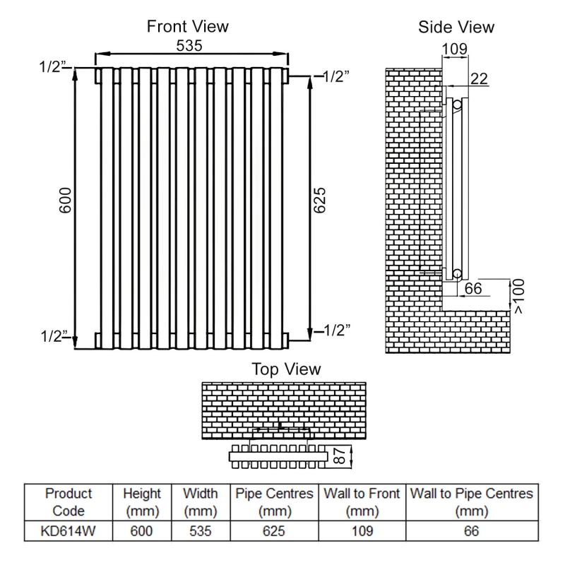 Ultraheat Klon Double Designer Horizontal Radiator 600mm H x 535mm W White