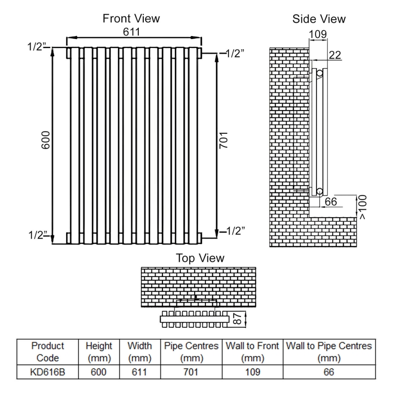 Ultraheat Klon Double Designer Radiator | Black | 600mm x 611mm