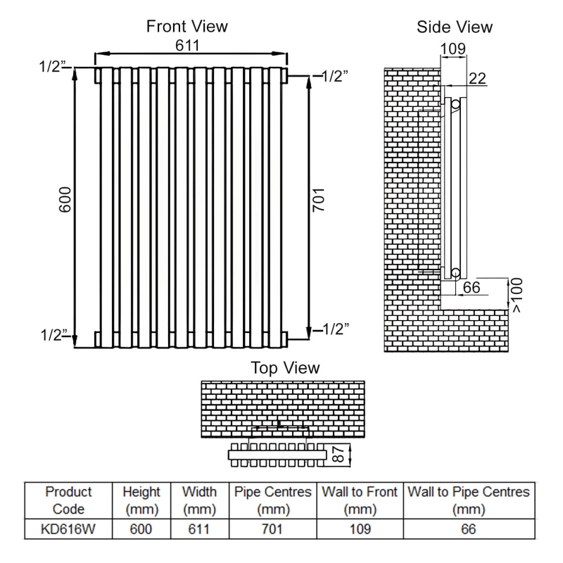 Ultraheat Klon Double Designer Horizontal Radiator 600mm H x 611mm W White  | Dimension Image