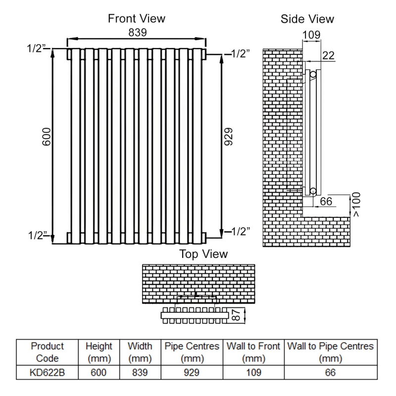 Ultraheat Klon Double Designer Horizontal Radiator 600mm H x 839mm W Black