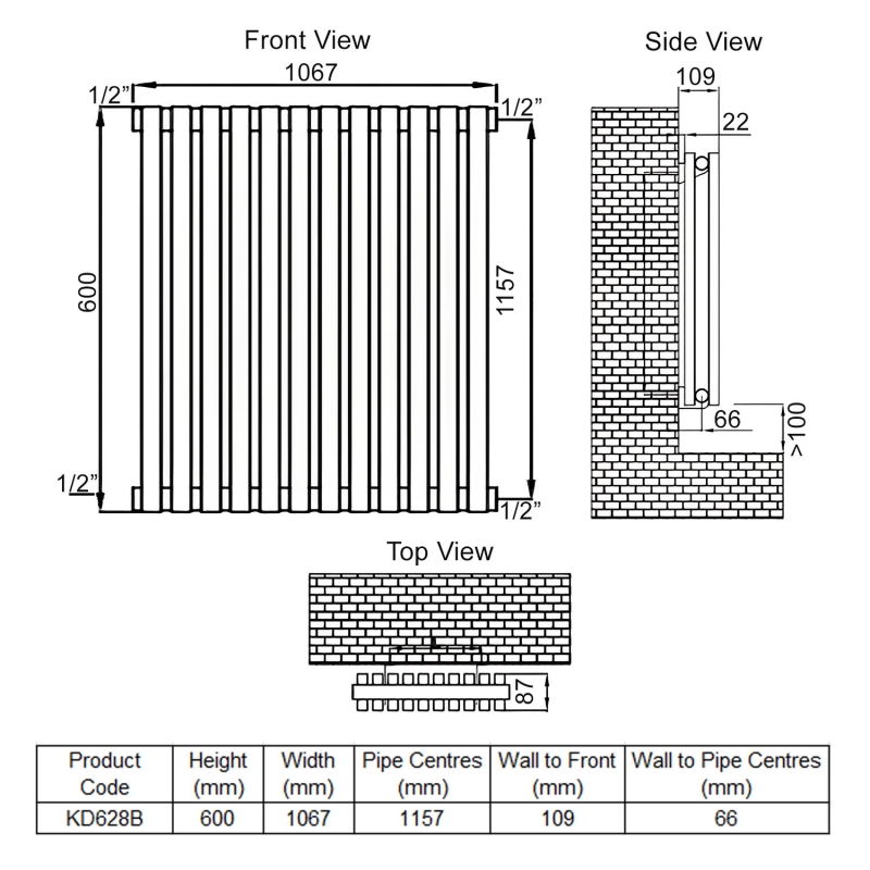 Ultraheat Klon Double Designer Horizontal Radiator 600mm H x 1067mm W Black