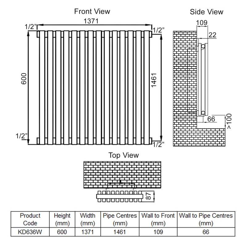 Ultraheat Klon Double Designer Horizontal Radiator 600mm H x 1371mm W White  | Dimension Image