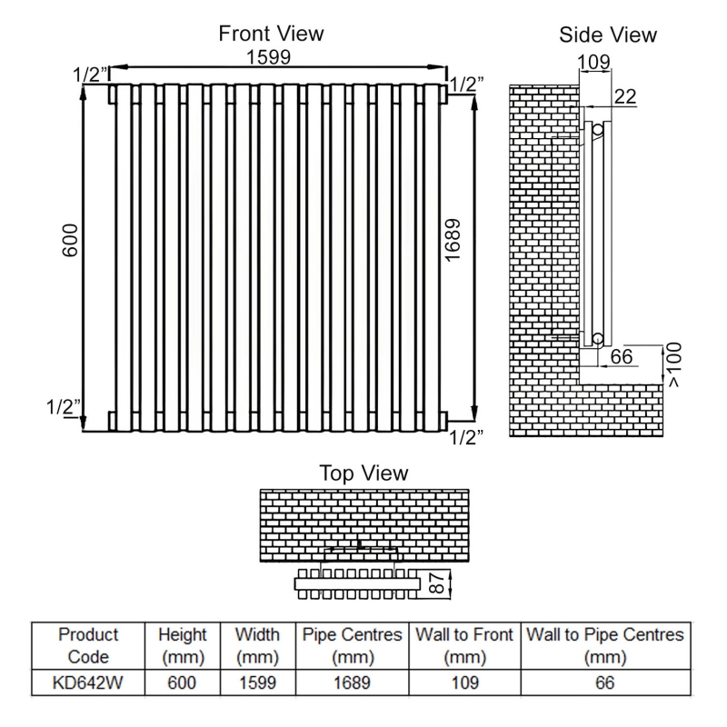 Ultraheat Klon Double Designer Horizontal Radiator 600mm H x 1599mm W White