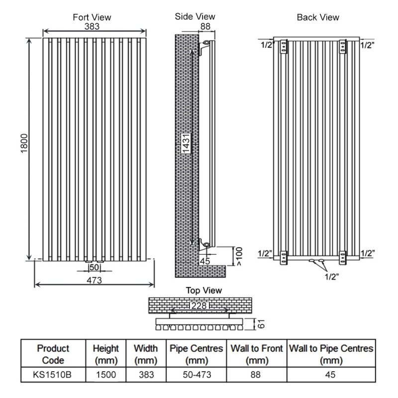 Ultraheat Klon Single Designer Vertical Radiator 1500mm H x 383mm W - Charcoal Grey