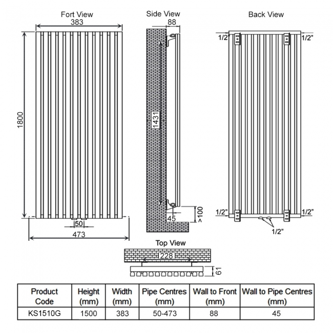 Ultraheat Klon Single Designer Vertical Radiator 1500mm H x 383mm W - Charcoal Grey  | Dimension Image