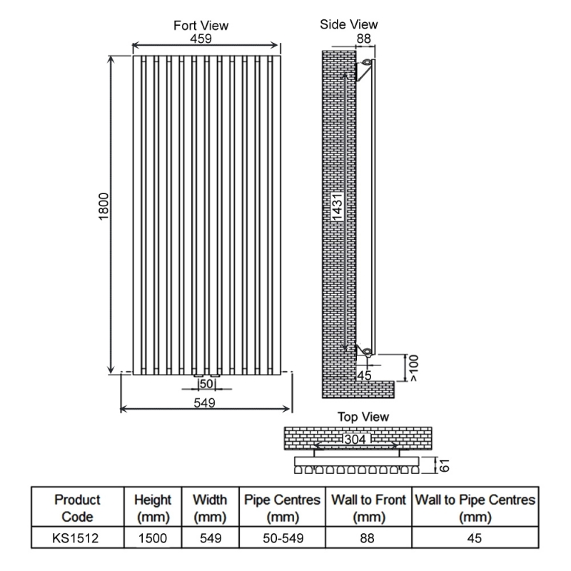 Ultraheat Klon Single Designer Vertical Radiator 1500mm H x 459mm W Chrome