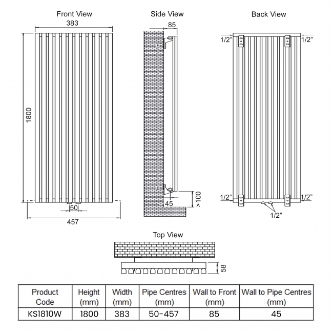 Ultraheat Klon Single Designer Vertical Radiator 1800mm H x 383mm W White  | Dimension Image
