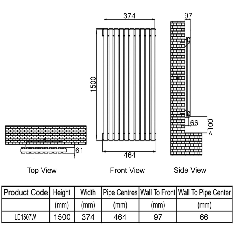 Ultraheat Linear Double Designer Vertical Radiator 1500mm H x 374mm W White