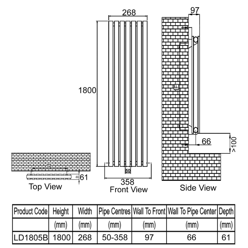 Ultraheat Linear Double Designer Vertical Radiator 1800mm H x 268mm W Black