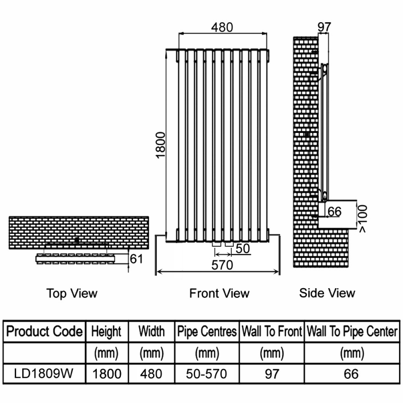 Ultraheat Linear Double Designer Vertical Radiator 1800mm H x 480mm W White