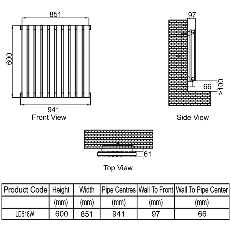 Ultraheat Linear Double Designer Horizontal Radiator 600mm H x 851mm W White