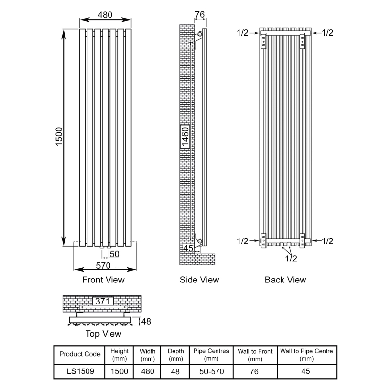 Ultraheat Linear Single Designer Vertical Radiator 1500mm H x 480mm W Chrome