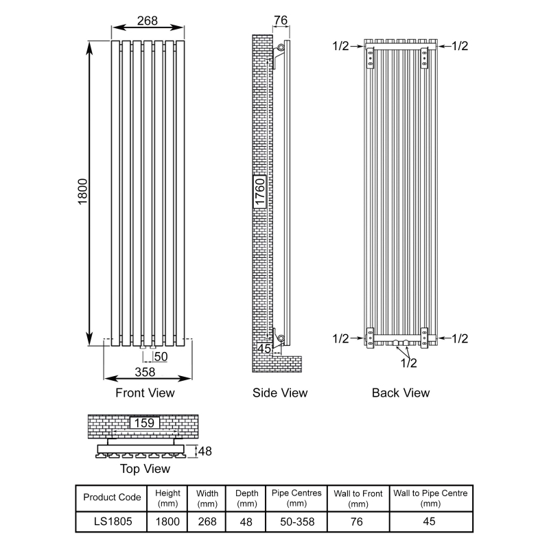 Ultraheat Linear Single Designer Vertical Radiator 1800mm H x 268mm W Black