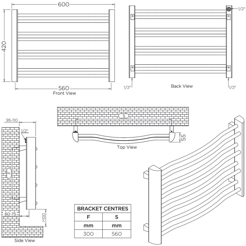 Ultraheat Petit Curved Heated Towel Rail 420mm H x 600mm W - Chrome