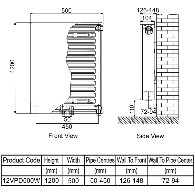 Ultraheat Planal VPD Vertical Radiator 1200mm H x 500mm W White